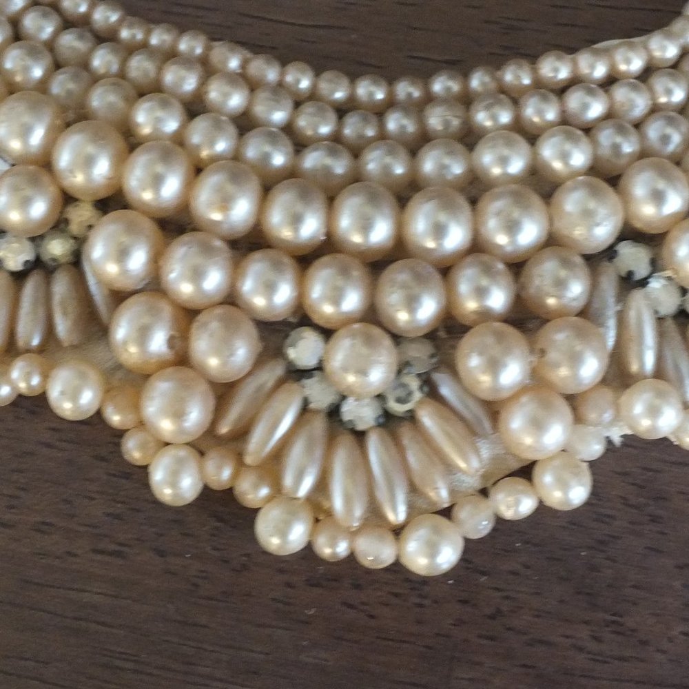 Vintage beaded bib collar with pearls and rhinestones by Baar and Beards